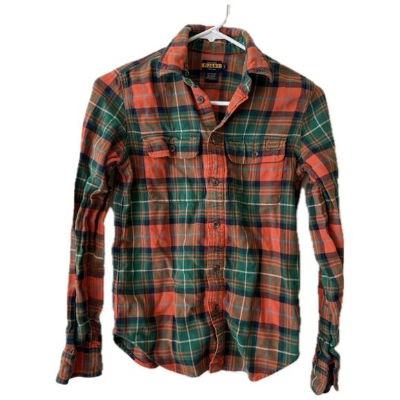 Ralph Lauren Rugby 100% Cotton Plaid Flannel Button Up Shirt Orange/Green- SZ: 0 - Picture 1 of 4